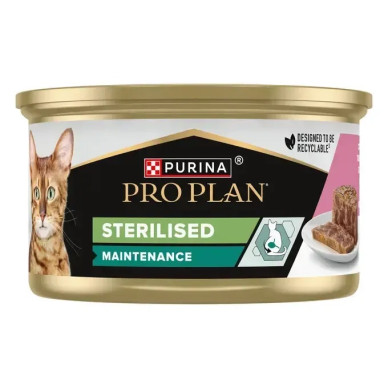 PURINA Pro Plan Sterilised – hrană umedă completă pentru pisici adulte sterilizate, cu ton și somon, conservă 85 g